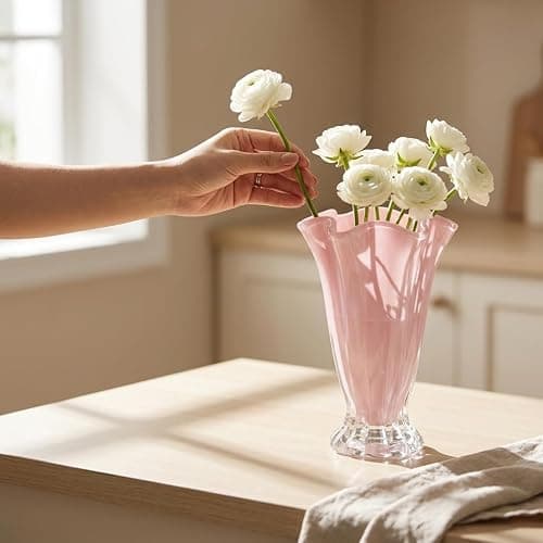 Ruffled Vase Display with Wavy Rim, Hand Blown Glass Vase for Flowers, Blown Glass Decor Centerpiece with Ribbed Panels for Tabletop Shelf Mantel Home Decor (Pink) thumbnail 5
