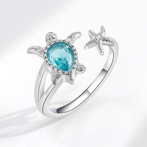 OIDIMS Sea Turtle Starfish Statement Ring Blue Cubic Zirconia Adjustable Open Crystal CZ Animals Pets Nature Ocean Rings Finger Band Eternity Wedding Engagement Cute Jewelry for Women thumbnail 5