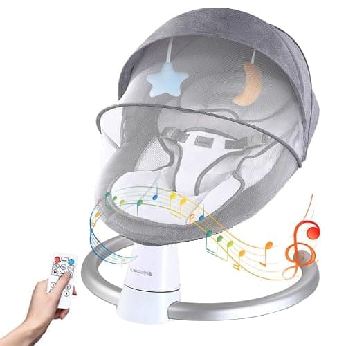 Uuoeebb Electric Baby Bouncer with Bluetooth, Baby Bouncer Chair with 5 Swing Speed, 3-Stage Timer and Remote Control, Portable Baby Swing Chair from Birth for 0 Months Plus Newborn Boys Girls (Grey) - Grey - Image 1