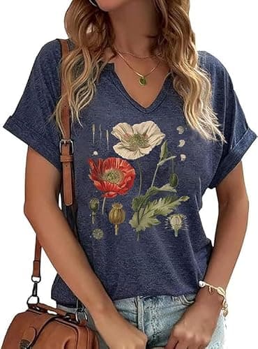 PUCKOLITY Vintage Flowers V Neck Shirt for Women Boho Floral Wildflowers Graphic Tee Casual Cottagecore Summer T Shirt - Image 1