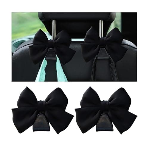 Mandark 2PCS Car Seat Headrest Hooks, Cute Bow Vehicle Hooks for Purses and Bags, Automotive Purse Hook Hanger Interior Decoration Accessories, Universal for SUV, Sedan, Truck (Black Line) - Image 1