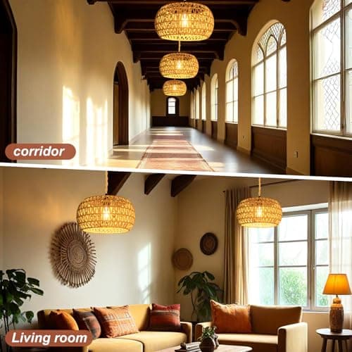 Eqquorva Hanging Lights with Plug in Cord Rattan Hanging Lamp Boho Ceiling Light Fixtures Farmhouse Pendant Lamp Shape for Living Room Bedroom Kitchen thumbnail 7