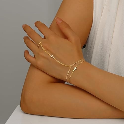 JUTOLOKA 18K Gold Plated Small Cross Bracelet for Women | Tiny Cute Cross Bracelets | Beaded Bracelet | Hip Hop Knot | Hand Chain Bracelets | Gold Jewelry Gifts for Women thumbnail 2