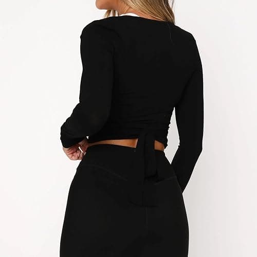 Women Ballet Wrap Top Long Sleeve Slim Fit Self Tie Workout Pilates Yoga Wrap Tops Y2k Dance Shirt thumbnail 4