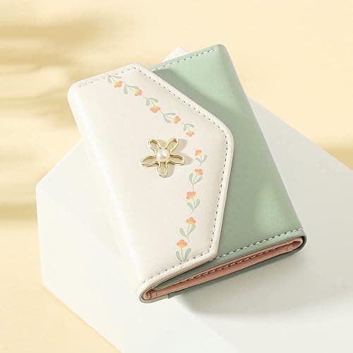 kuifang Girls Cute flowers Print Wallet, Small Tri-folded Aesthetic Wallet, PU Leather Purse Cash Pocket Card Holder ID Window Purse for Women(Green) thumbnail 2