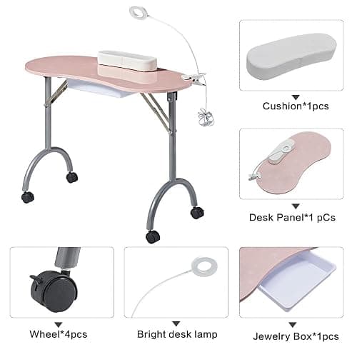 CHAOEEMY Portable Manicure Table，Folding Nail Desk for Teach with Large PP Plastic Drawer、LED-Light、Wrist Rest、Carry Bag for Home Manicure、spa Salon、professtional Nail Painting、Tattoo,Pink thumbnail 2