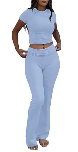 AYWA Women's 2 Piece Lounge Sets Short Sleeve Crop Top Foldover Flare Pants Casual Pajama Outfits - Image 1