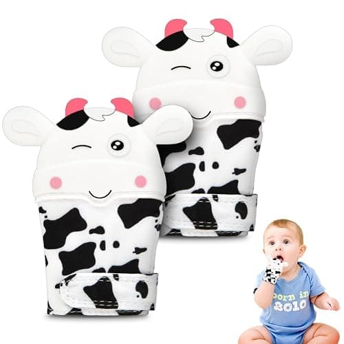 2Pack Silicone Teething Mitt, Cow Baby Teething Toy for 0-6 6-12 Months, Food Grade Silicone Infant Teething Mitten, BPA-Free Baby Chew Toys for Pain Relief, Sucking Needs - Image 1
