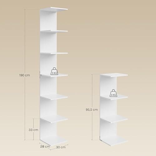 WOLTU Regal mit 7 Ebenen, für Wohnzimmer Schlafzimmer Büro, Bücherregal Standregal schmal, freistehend wandmontiert, aus Holzwerkstoff, 30x189,5x28 cm, Weiß thumbnail 3