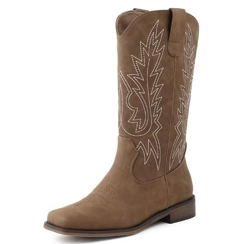 FancyQueen Western Cowboy Boots for Women - Mid Calf Square Toe Cowgirl Boots with Vintage Embroidery, Low Chunky Heel Pull On Country Boots for Rodeo Festival Concert Daily Outfits thumbnail 7