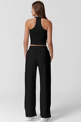 QINSEN Women's 2 Piece Sets Summer Ribbed Knit Crop Tank Tops Wide Leg Pants Sleeveless Tracksuit thumbnail 2