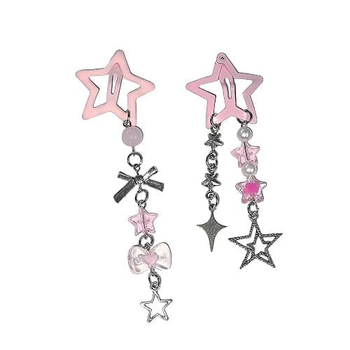 FFLaiwah Y2k Kawaii Star Hair Clips with Charms, Candy Colors, Bow Moon Heart Coquette Aesthetic Barrettes Beads Tassel Glitter Sparkly Star Hair Clips Accesssories for Women-Pink - Image 1
