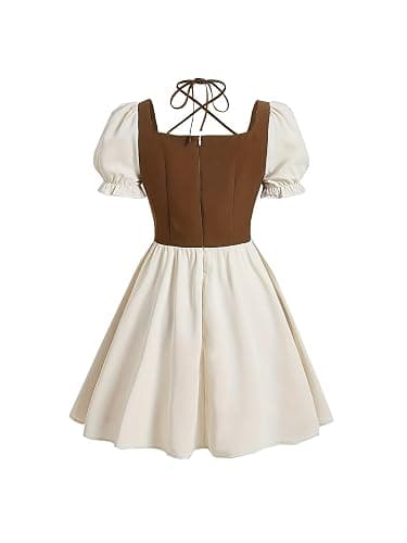 AstralElegance Halterneck Tie At Front, Puff Sleeves, Pleated Chest, Tie Design At Waist Contrast Dress thumbnail 2