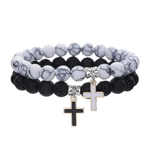 Matte Lava Rock Beaded Couple Bracelet Set for Women Men Black White 8mm Howlite Natural Volcanic Stone Matching Beads Elastic Cross Pendant Stretch Bracelets Religion Charm Friendship BFF Jewelry - Image 1