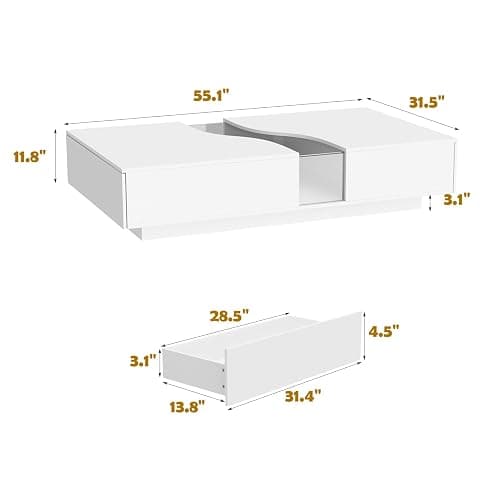 JOIKUJIA Modern Coffee Table with Lights & Glass Tabletop, Central Table with 2 Drawers, for Living Room, White 55.1”W x 31.5”D x 11.8”H thumbnail 2