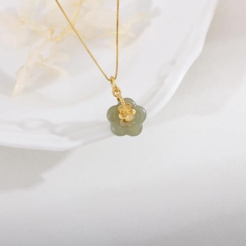 LOOYUUPEE Natural Hetian Jade Necklace for Women, Dainty Jade Flower Charm Pendant Adjustable Choker Necklace Jewelry Chain Gift for Mom Lover Her (925 Sterling Silver with Gold Plated) thumbnail 5