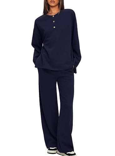 Darong Two Piece Outfits for Women Fall Lounge Sets Button Down Sweatshirt Wide Leg Pants Sweatsuits Set with Pockets thumbnail 3