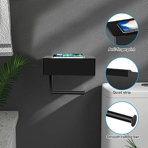 BOSOEI Toilet Paper Holder with Storage, Shelf of Bathroom Toilet Tissue Holder, Toilet Paper Roll Holder, Black Stainless Steel Wall Mount, No Installation & Flushable Wet Wipes Storage thumbnail 6