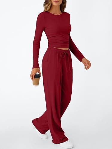 Trendy Queen Women's 2 Piece Matching Lounge Set Long Sleeve Side Ruching Top Wide Leg Drawstring Pants Set with Pockets thumbnail 3