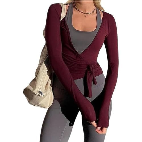 Womens Ballet Wrap Top Long Sleeve Tie Front Workout Cover Up Pilates Yoga Tops Y2k Fairy Coquette Shirt Going Out - Image 1