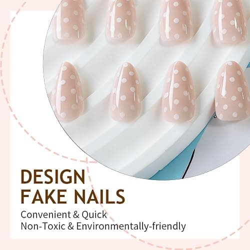 White Polka Dot Press on Nails Almond Fake Nails with Designs Medium Artificial Nails Glossy Cute False Nail Natural Gel Acrylic Glue on Nail Cute Stick on Fingernails for Women Girls 24Pcs thumbnail 6