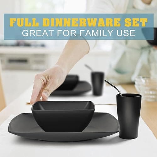 Teivio 56-piece With Flatware Kitchen Plastic Wheat Straw Square Dinnerware Set for 8, Unbreakable Dinner Plates, Snack Bowls, Tumblers 13.5 oz, Dishwasher Safe, Black thumbnail 6