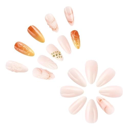 Flower Press on Nails Medium Almond SWEKKE Handmade Fake Nails 3D Orange False Nails with Floral Shell Designs Glossy Glue on Nails Summer Acrylic Nails for Women Girls 24 Pcs thumbnail 7