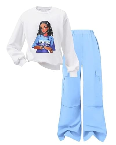Cakaner Tween Girls Clothes Long Sleeve Graphic Printed Shirt and Cargo Pants 2 Pieces Fall Teen Outfits Size 6-14 - Image 1