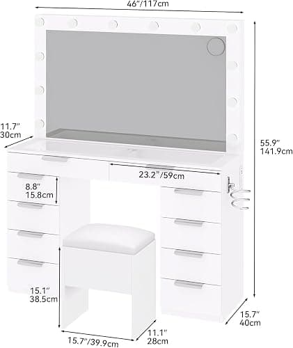 YITAHOME 46" Glass Top Vanity Desk with LED Mirror, 11 LED Bulbs, 3 Adjustable Lighting Modes, 10-Drawer Makeup Vanity with PU Storage Stool, Dressing Table Built-in USB & AC Outlets thumbnail 2