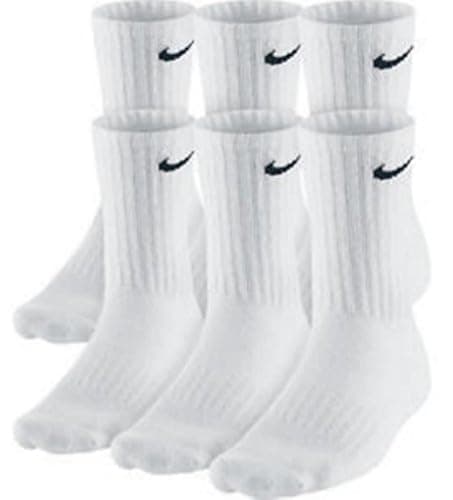 NIKE Dri-Fit Classic Cushioned Crew Socks 6 PAIR White with Black Swoosh Logo) LARGE 8-12 - Image 1