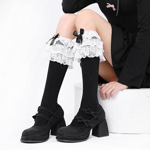 woosnscly Womens Lace Ruffle Knee High Socks Cute Bow Lolita Knee Highs Stockings Halloween Party Costume Long Socks, Cotton thumbnail 4