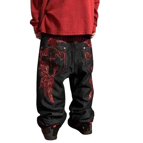 Ethbox Men's Hip-hop Retro Skull Embroidered Washed Denim Pants Y2K Jeans Gothic Straight Tube Loose Wide Leg Pants - Image 1
