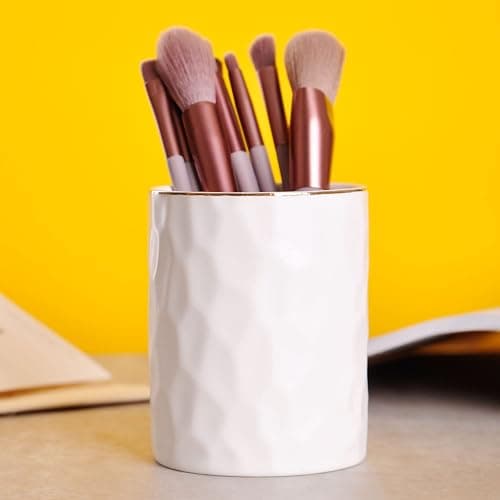 WHJY Ceramic White Pencil Cup, Makeup brushes Holder, Gold Pen Holder for Desk Cute Small Boho Brush Holder, Modern Geometry Design Pen Holder thumbnail 2