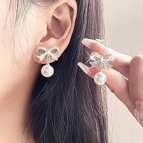 Gold Bow Earrings for Women, Long Tassel Chain Drop Earrings, Trendy Small Bow Earrings, Ribbon Waterfall Dangling Earrings, Pearl Bow Earrings, Sparkly Elegant Bowknot Preppy Jewelry Gifts for Women thumbnail 3