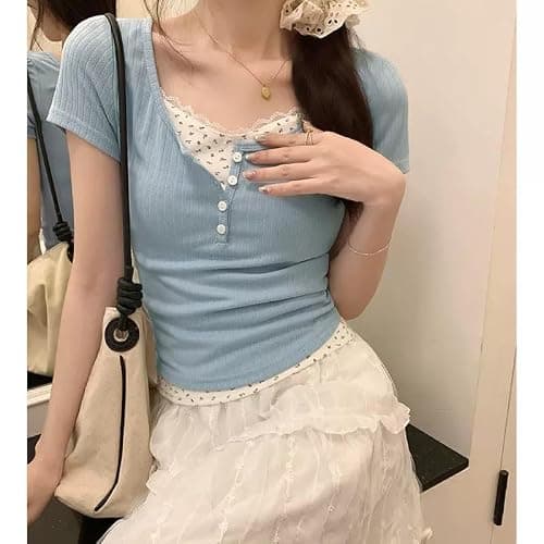 Women Lace Trim Y2K Cute Tshirt Coquette Floral Summer Ribbed Knit Crop Top Fairycore Baby Tees Cottagecore 90s Shirt thumbnail 6