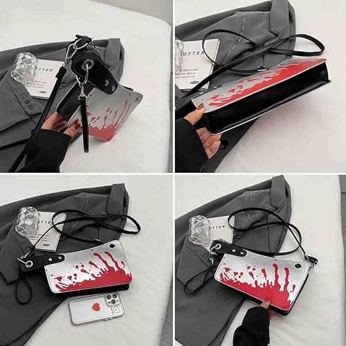 PU Leather Creative Prank Knife Shoulder Bag, Japanese Cartoon Gothic Horror Crossbody Bag, Bloody Axe Chopper Clutch Purse thumbnail 4