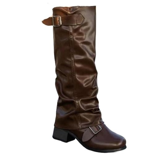Women's Slouchy Knee High Boots Round Toe Buckle Strap Boots Casual Vintage Western Booties Fold Over Ridding Boot Chunky Low Heel Platform Booties Outdoor Shoes - Image 1