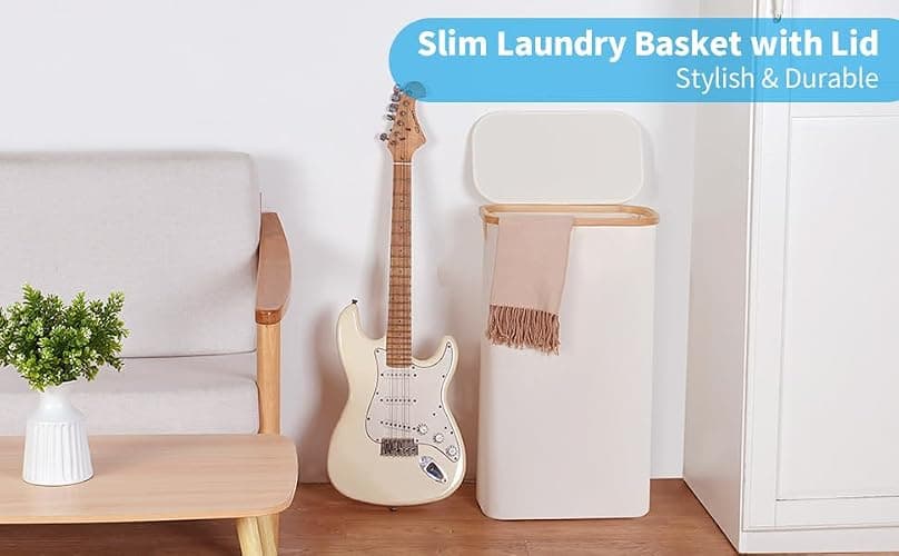 efluky Slim Laundry Basket with Lid, Narrow Laundry Hamper with Removable Bag, Skinny Dirty Clothes Basket with Bamboo Handles for Bathroom, Bedroom & Laundry Room, 63L Beige thumbnail 8