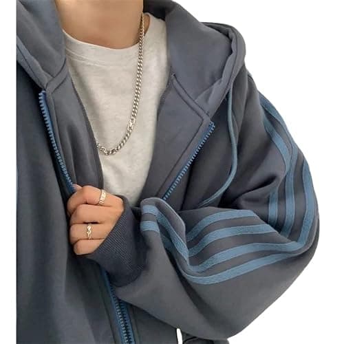 Women Oversized Zip Up Korean Hoodie Y2k Jackets Striped Long Sleeve Hooded Sweatshirt Solid Zipper Cute Top For Teen Girls thumbnail 4