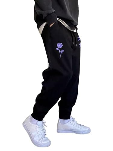 WDIRARA Men's Floral Letter Graphic Print Drawstring Waist Tie Front Sweatpants - Image 1