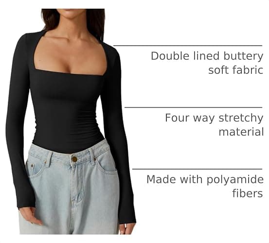 QINSEN Women's Sexy Square Neck Shirt Long Sleeve Double Lined Tees Fitted Going Out Tops thumbnail 4