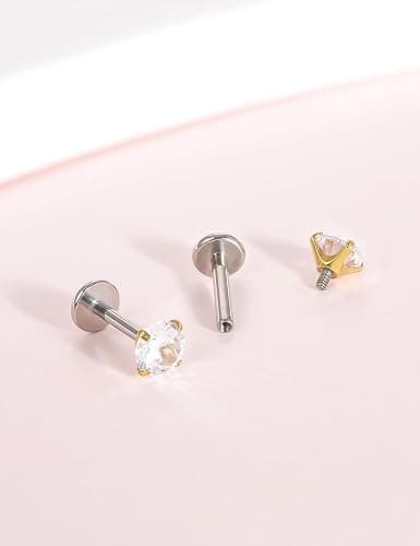 Limerencia 18g Titanium Internally Threaded Tragus Piercing Jewelry CZ Top Flat Back Piercing Nose Studs Earring, Helix, Cartilage, Labret, Monroe for Women or Men thumbnail 2