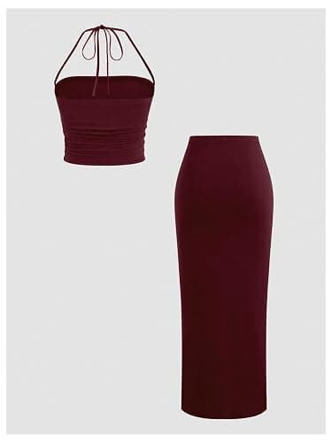 Verdusa Women's 2 Piece Vacation Outfits Ruched Crop Halter Top with Slit Bodycon Long Skirt Y2k Clothing Set thumbnail 2