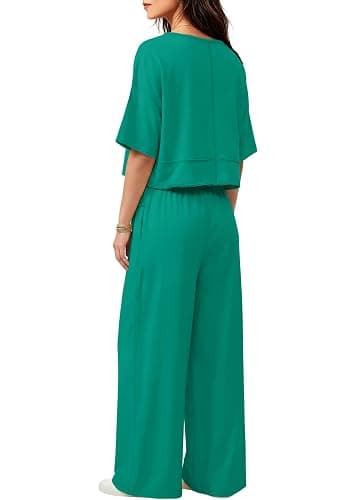 Yanekop Womens Two Piece Lounge Set for Summer Airport Travel Outfit V Neck Crop Tops and Wide Leg Pants with Pockets thumbnail 4