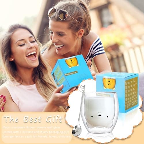 Binoster Bear Cute Mugs Kawaii Double Wall Glass Coffee Tea Mill Yogurt Cup Funny Novelty Gift for Women Her Friends Office Birthday Christmas thumbnail 5