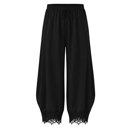 Womens Cropped Lace Trim Pants High Waisted Elastic Drawstring Wide Leg Trousers Casual Flowy Boho Pant with Pockets thumbnail 4
