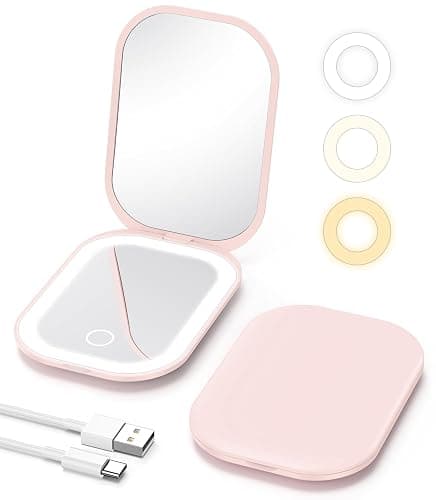 Gospire Lighted Travel Makeup Mirror with Light and Magnification 1X/3X, Stepless Dimming and 3 Color Adjustable Lights, Rechargeable Battery and Compact Size for Purse and Portable Use - Light Pink - Image 1