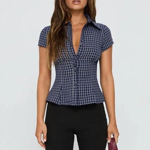 Women Y2k Short Sleeve Button Up Shirt Lapel Collar V Neck Plaid Open Front Blouse Basic Casual Going Out T-Shirt thumbnail 3
