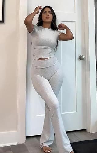ZFLM Casual Workout Two Piece Outfits for Women Short Sleeve Crop High Waist Foldover Flare Pants Tracksuit Sets Streetwear thumbnail 5
