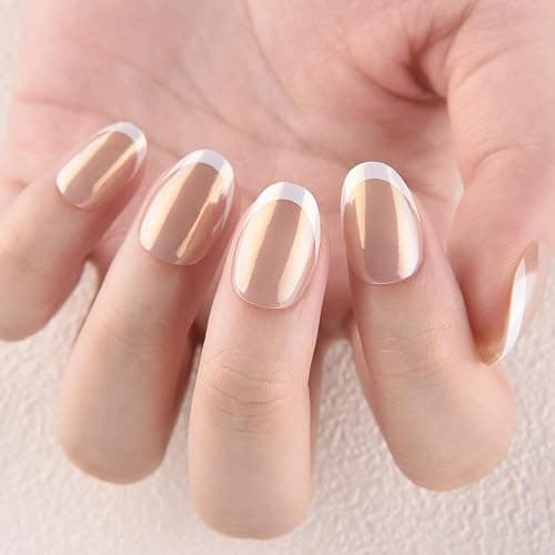 evpct Nude White French Tip Chrome Glazed Press on Nails Short Round Oval | No Glue, Women Manicure with Kit, Soft Reusable, Perfectly Fit, Acrylic Fake Nail, Salon-quality, Full Cover, Daily Wear thumbnail 4